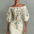 thumbnail image 2 of Morttic Women‘s Elegant Off-Shoulder Floral Print Bubble Short Sleeve Midi Dress with Side Slit For Spring/Summer Outfit Beige ，XS, 2 of 4