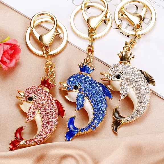 Keychain Sparkling Rhinestones Dolphin Charm Wearing Crown Key Chain Decorative Wallet Backpack Car Key Holder Bag Accessories