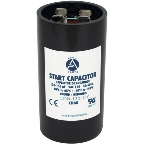 Appli Parts motor start capacitor 130-156 Mfd (microfarads) uF 110-125 VAC universal fit for electric motor applications 1-7/16 in Diameter 2-3/4 in Height CON-130-110