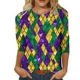 thumbnail image 2 of Happy Mardi Gras Shirt for Women Plus Size Funny Print 3/4 Sleeve Mardi Gras Day Tshirts Casual Crew Neck Carnival Theme Party Tee Tops Festival Outfits, 2 of 6