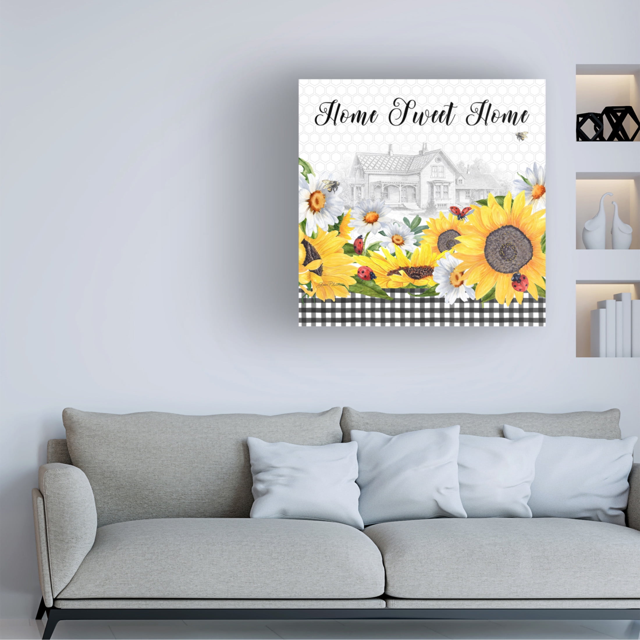 Canvas Wall Art - Jean Plout 'Sunflowers and Lady Bugs 2' Wall Art for Living Room, Bedroom, or Office Décor by Trademark Fine Art - 35 x 35 Inches