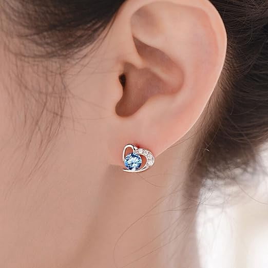 Divine Creation 1.25 Ct Round Cut Blue Diamond Heart Shape Push Back Stud Earrings 14K White Gold Plated For Womens 925 Sterling Silver