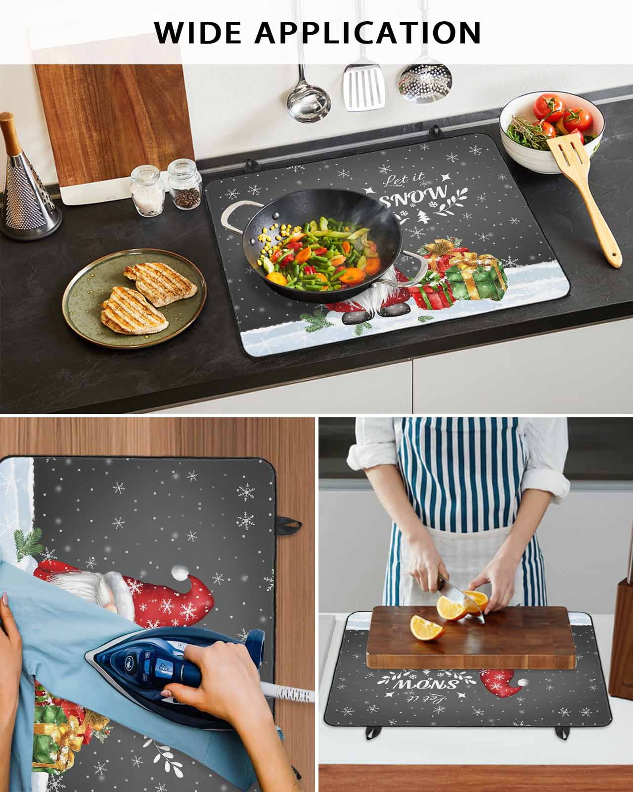 Large Induction Cooktop Protector Mat Black Christmas Gnomes Stove Top Covers for Electric Stove, Xmas Tree Balls Snowflake Decorative Stove Burner Cover Mats, Glass Top Stove Cover