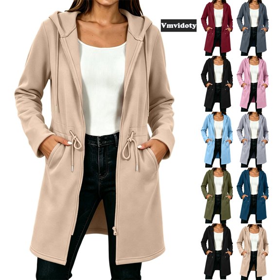 Vmvidoty Women's Long Hooded Sweatshirt Trench Coat Full Zip Drawstring Adjustable Waist Oversized with Pockets Beige 2XL