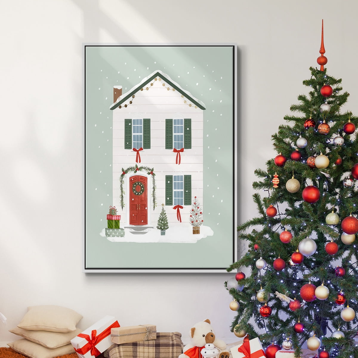 Festive Front Door III - Framed Gallery Wrapped Holiday Canvas - 27 x 41 - White Frame