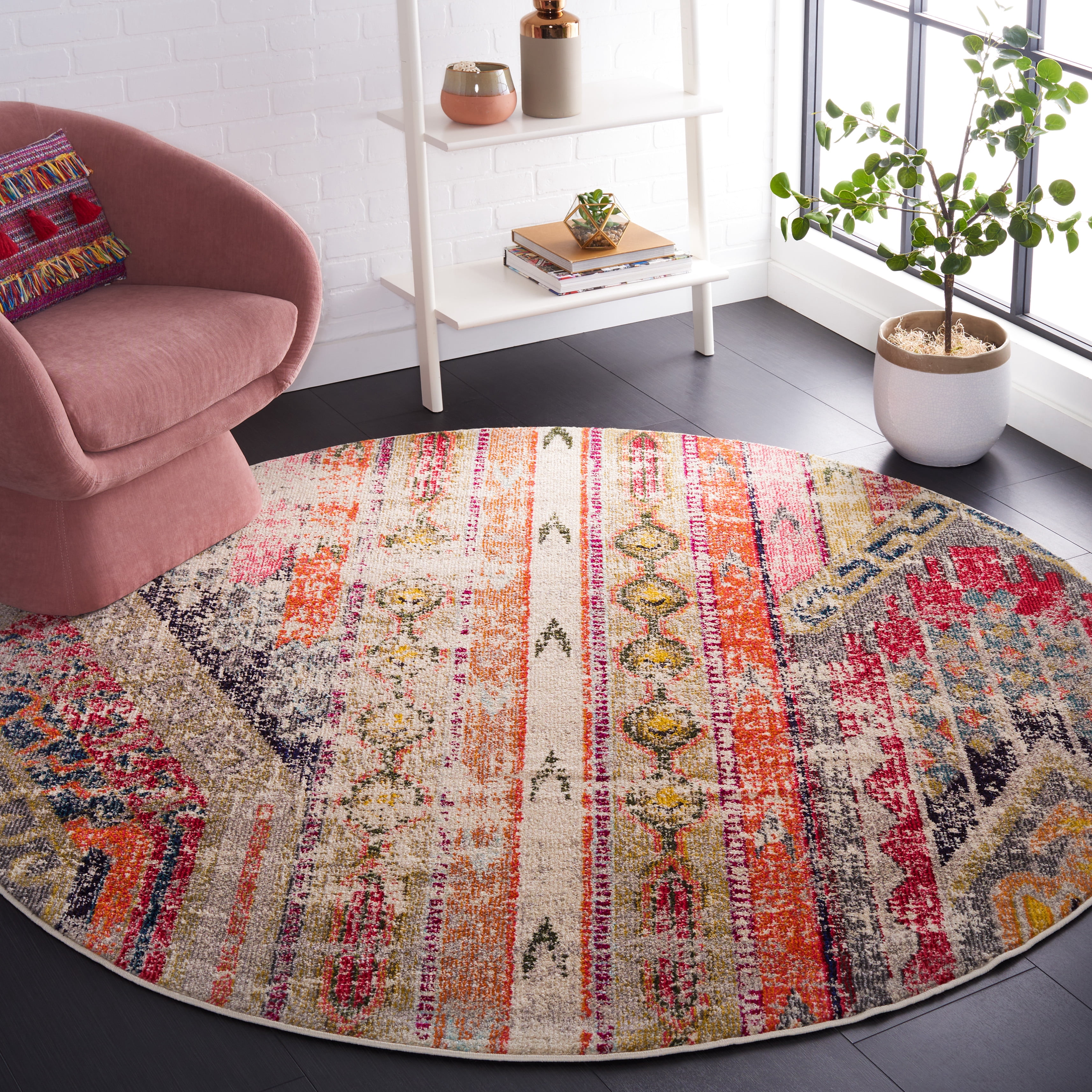 SAFAVIEH Monaco Risto Abstract Area Rug, Light Grey/Multi, 4' x 4' Round