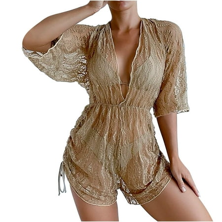 3 Piece Triangle Bikini Swimsuits with Mesh Cover Up Romper Tie Side Womens Halter Swim Top Bathing Suit Beachwear (X-Large  Beige)