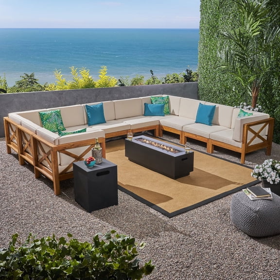 Noble House Comores 10 Seater U-Shaped Sectional Sofa Set Teak Beige/Dark Gray