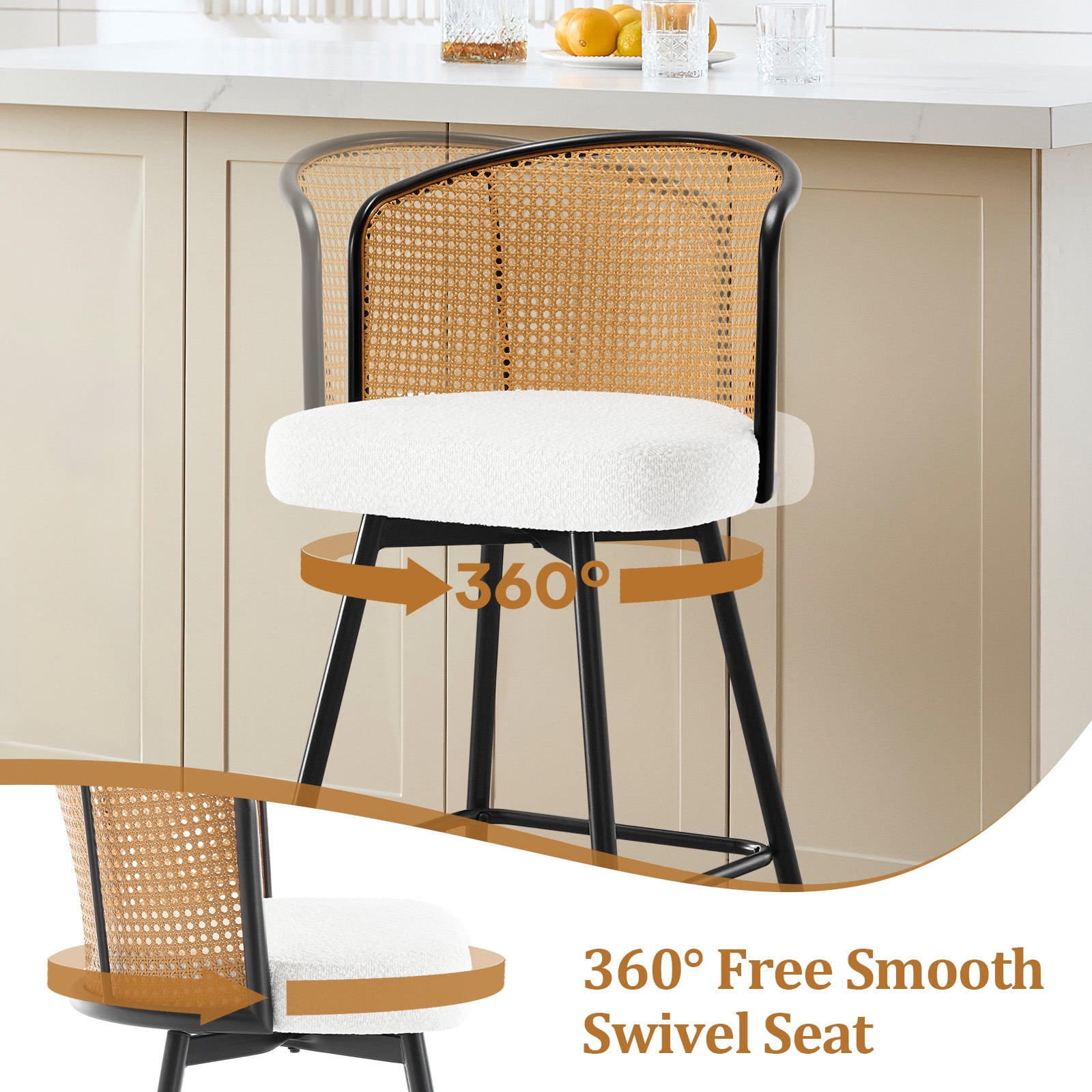 Foreate Cane Swivel Barstools Set of 2, 29" Seat Counter Height w/ Rattan Mid-Back Metal Legs, Upholstered Boucle Fabric Modern Armless Bar Stools Chairs for Kitchen Island Pub