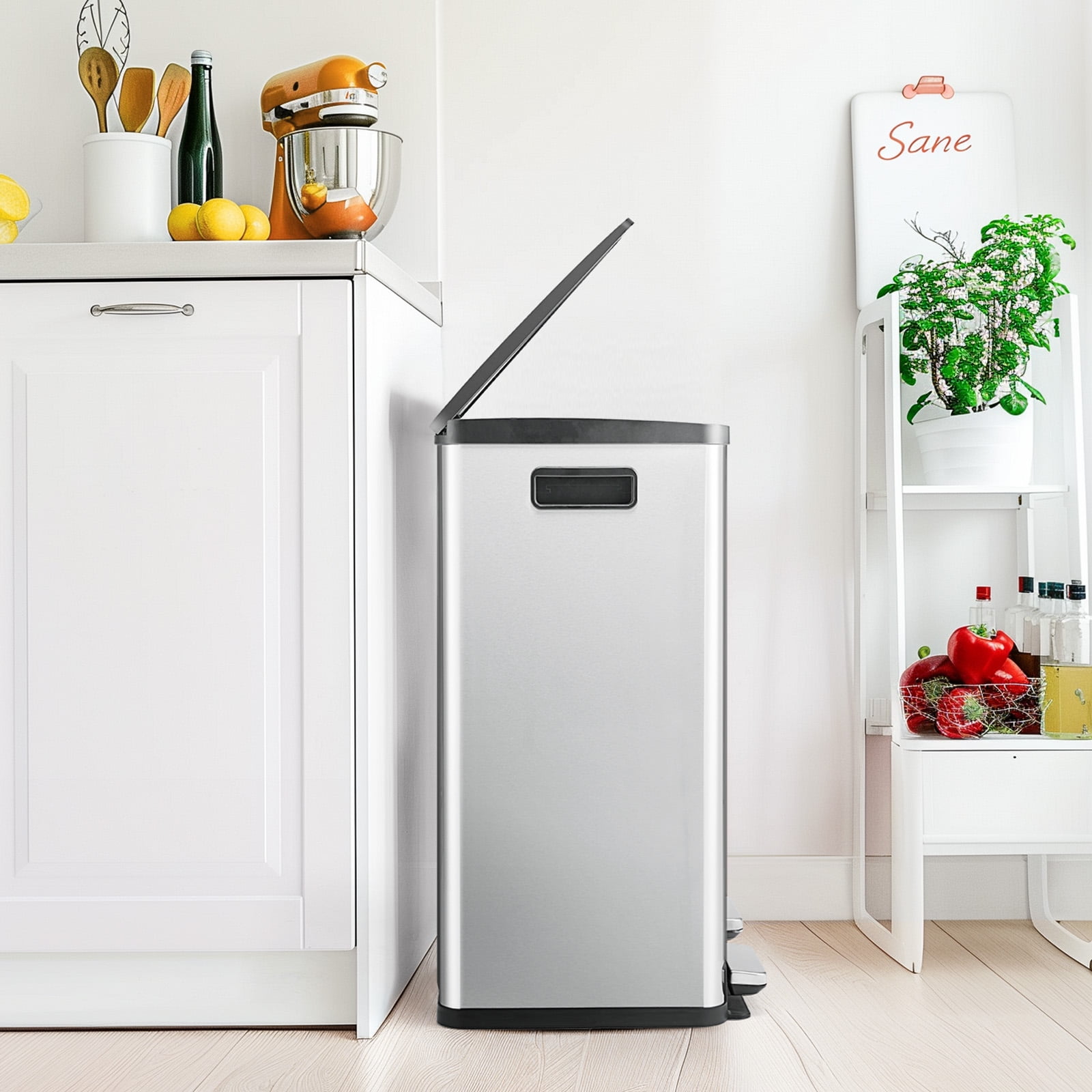 Simenmax 60L Dual Compartment Trash Can with Lid, Stainless Steel Sealed Garbage Bin, Soft-Close Pedal Operation for Kitchen, Office, Home