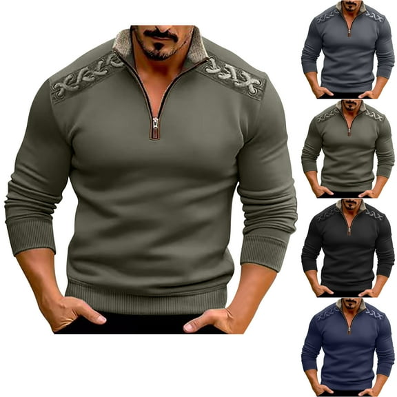 Lovskoo Sweatshirts for Men Front Mid-Zipper Stand-Up Collar Long Sleeve Color Matching Hoodie Sweatshirts Blue