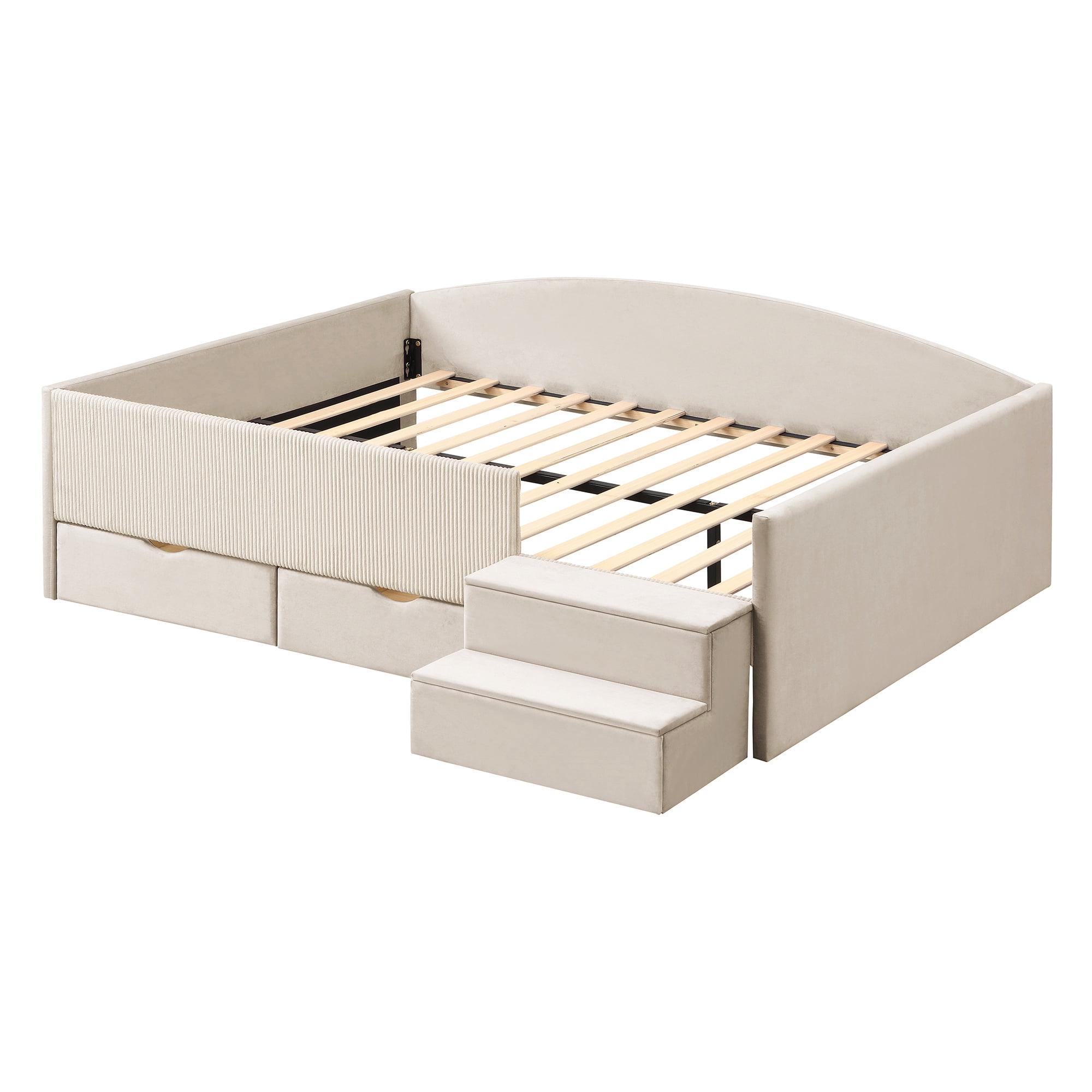 Mintazer Full Size Cute Upholstered Floor Daybed Frame with Safety Guardrail & 2 Storage Drawers & Stairs for Teens Kids, Beige