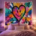 thumbnail image 2 of Crowned Smiley Heart in Pink Teal and Yellow Brushstrokes, Playful Abstract for Graffiti Fans, Colorful City Decor, Housewarming Gift, Tapestry Wall Hanging for Bedroom and Studio, 2 of 7