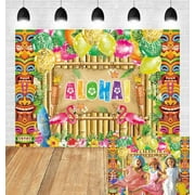 Hawaiian Aloha Luau Reed Backdrop Summer Balloon Palm Leaf Flamingos Beach Background Tropical Tiki Surfboard Birthday Musical BBQ Party Studio Photo Booth