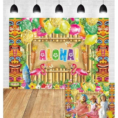 Hawaiian Aloha Luau Reed Backdrop Summer Balloon Palm Leaf Flamingos Beach Background Tropical Tiki Surfboard Birthday Musical BBQ Party Studio Photo Booth