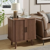 Fluted Nightstand with Charging Station, Mid Century Modern Bedside Table with Drawers and Shelves, Sliding Doors Nightstands, Wood Night Stand for Bedroom, End Table with Charging Station, Walnut