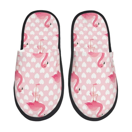 Balery Cute Flamingo with Heart Slient Indoor Furry Fleece Comfort House Shoes Soft Non-Slip Home Shoes Cotton slippers House Slippers-- Large