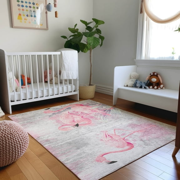 Addison Rugs Mayfield Washable Tropical Soft Flamingos Pink Rectangle Rug, 10' x 14'