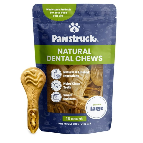 Pawstruck Natural Dental Chews for Medium Large Dogs & Puppies - Vet Recommended Brush Stick Treats Made in USA Breath Freshener to Improve Oral Hygiene & Clean Teeth - 15 Count - Packaging May Vary