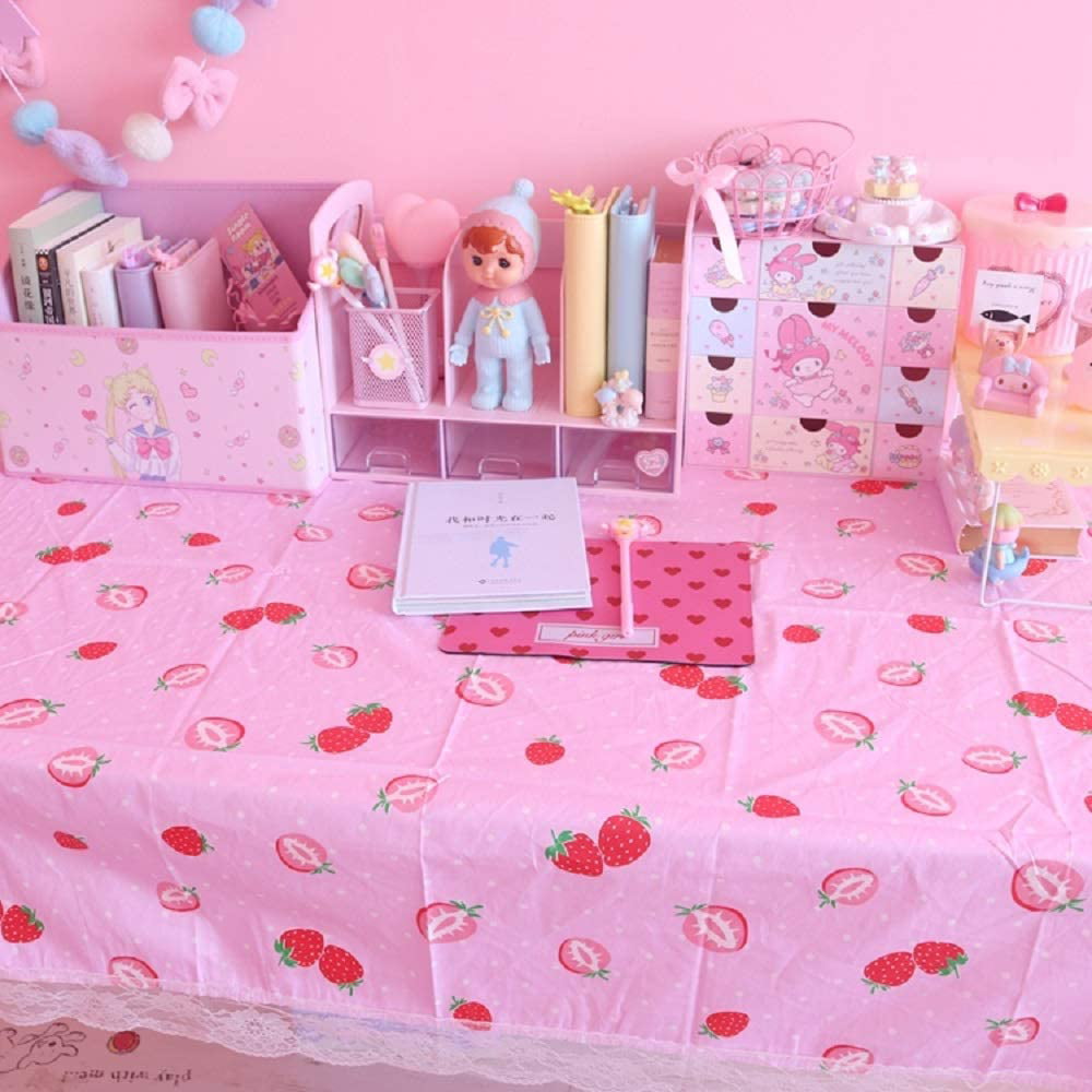 Girls Pink White Strawberry Lace Kawaii Tablecloth Coffee Table Decor Desk Mats 