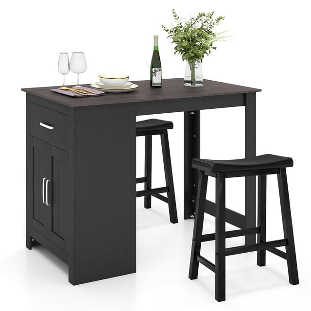 Costway Ensemble de Table de Bar 3 Pcs Table de Salle à Manger avec Tabourets de Selle et Armoire de Rangement Noir