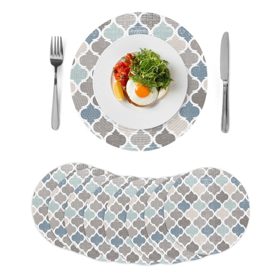Round Woven Placemats set of 8, Blue Beige Grey Brown Washable&Heat Resistant Plastic Wipeable Placemats for Round Table Rustic Retro Moroccan Plaid Kitchen Dining Table Decor, 15in,