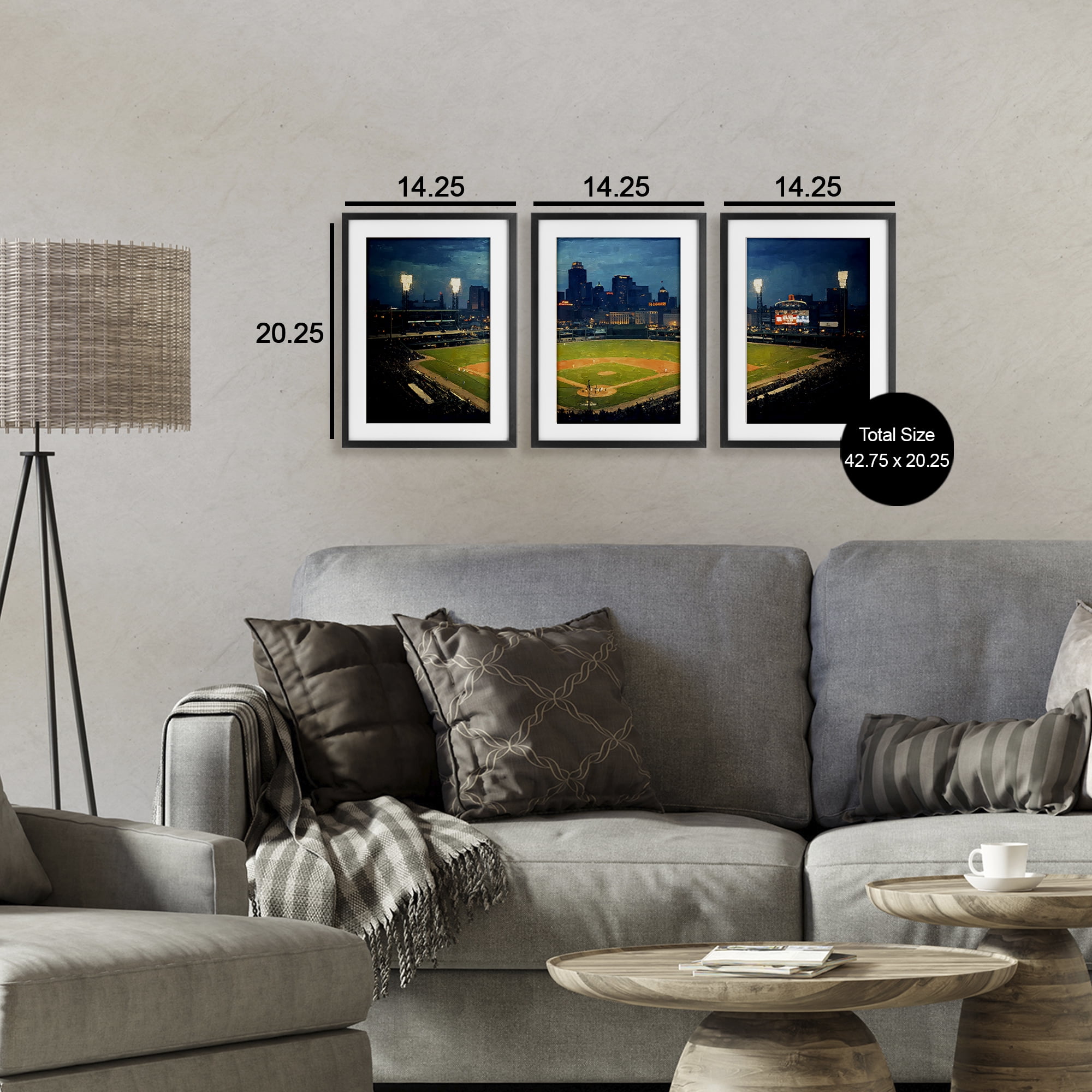 Stupell Industries Baseball Stadium Night View 3 Piece Black Framed Print Under Glass Set, design by Arlington Prints