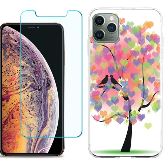 For Apple iPhone 11 Pro Max Phone Case , Slim-Fit TPU Case with Tempered Glass Screen Protector, by OneToughShield ® - Color Hearts Tree