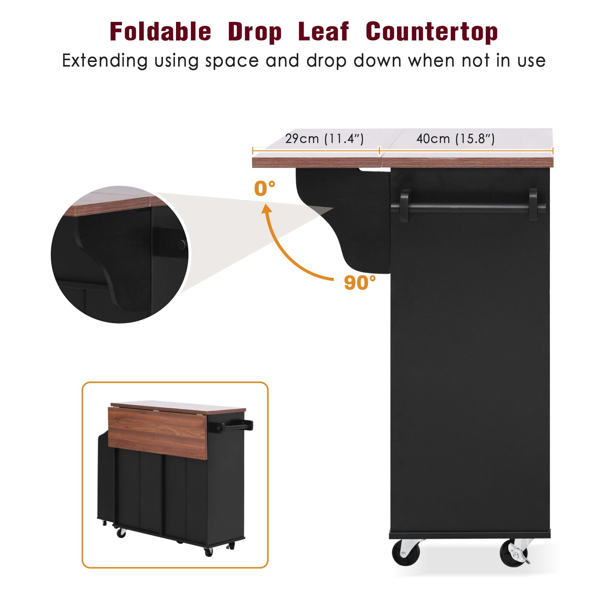 AENKYO 47.2" Farmhouse Kitchen Island with Removable Side Shelf, Tilt-Out Trash Bin, Storage Cabinet & Drawers, Black