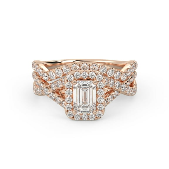 AFFY Infinity Halo Solitaire Bridal Set Ring for Women, Center 6x4mm Emerald and Round Lab Created Moissanite Engagement Wedding Ring in 10K Solid Rose Gold Size-10