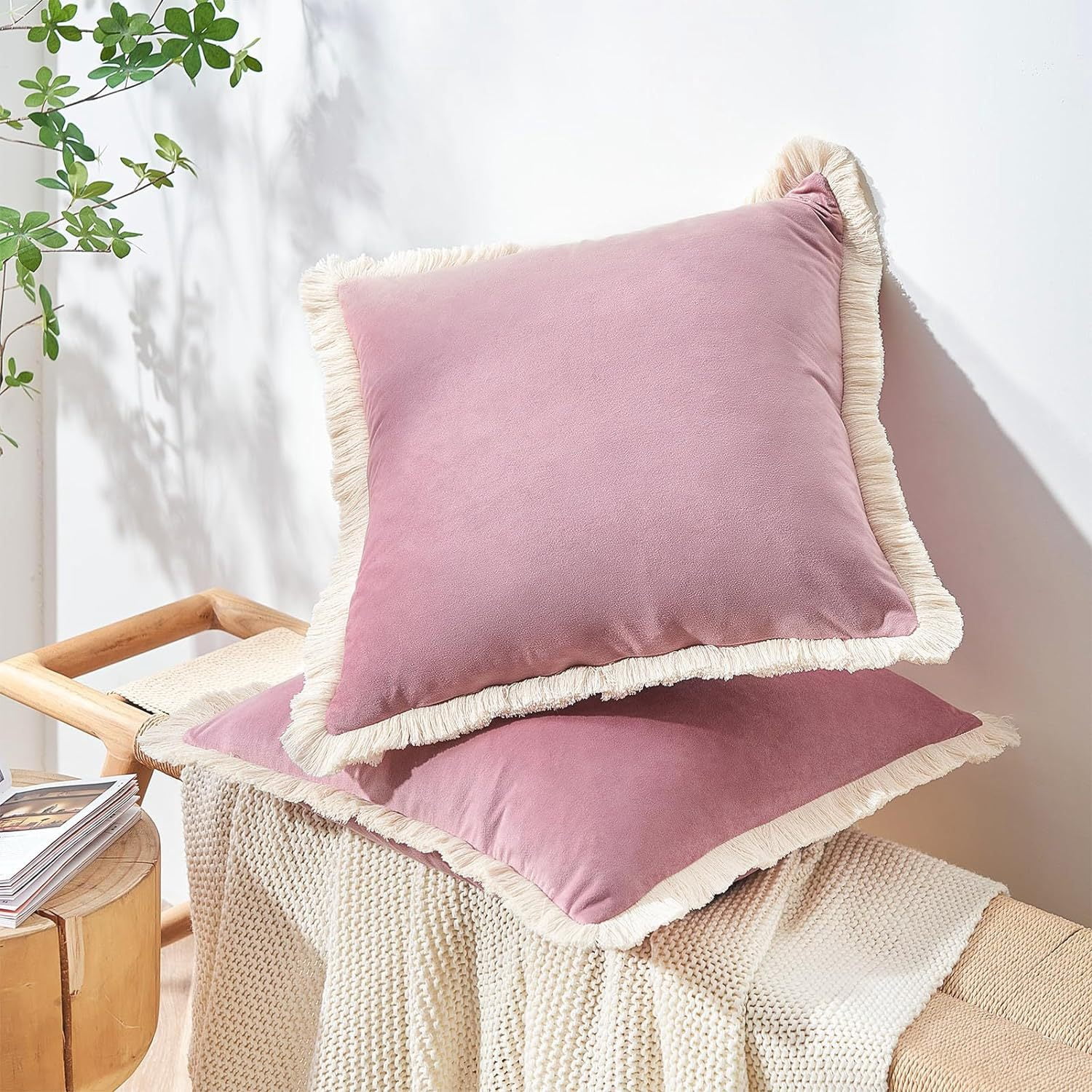 Yumcute Pillow Covers 20x20 Set of 2 Beige Throw Pillow Covers with Fringe Chic Cotton Decorative Pillows Square Cushion Covers for Sofa Couch Bed Boho Decor