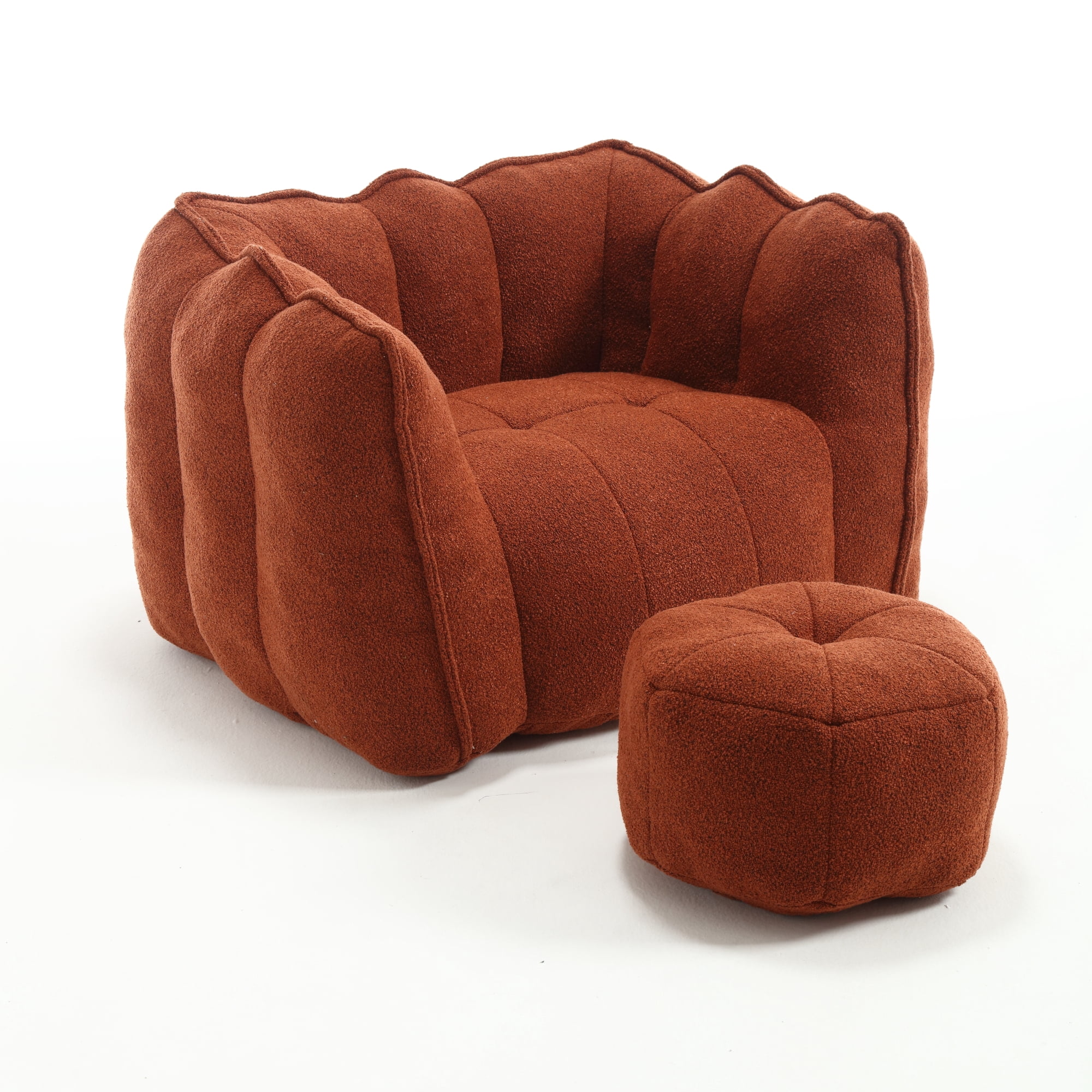 Bean Bag Chair with Footstool, Soft Lightweight Filled Bean Bag Sofa Chair with High Resilient Foam, Chenille Adult Bean Bag Chair with Armrests for Adults to Game, Read, Watch TV, Red Brown