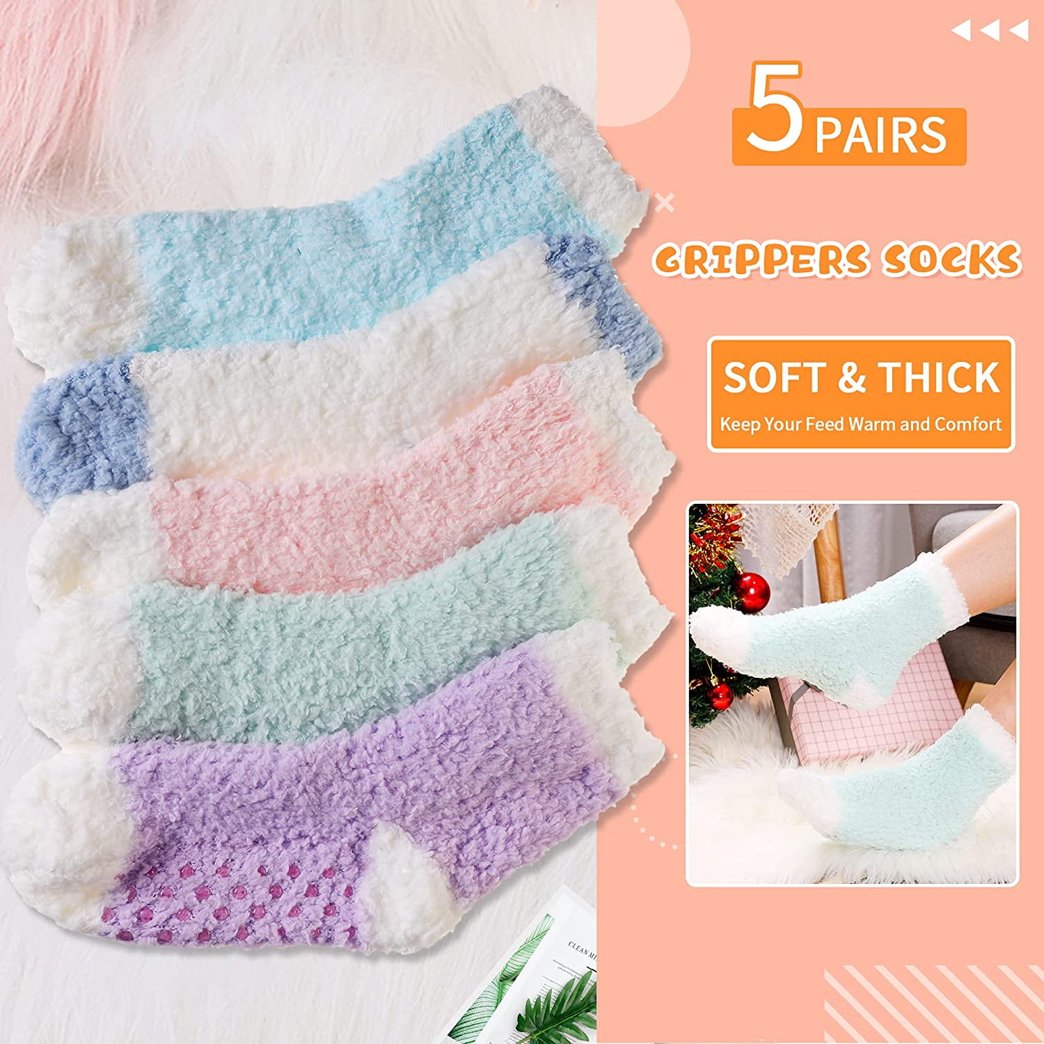 Chaussettes-chaussons Femme Hiver - Polaire Doublée, Antidérapantes, Motifs Flocons, Taille 35-42, Cadeau Idéal