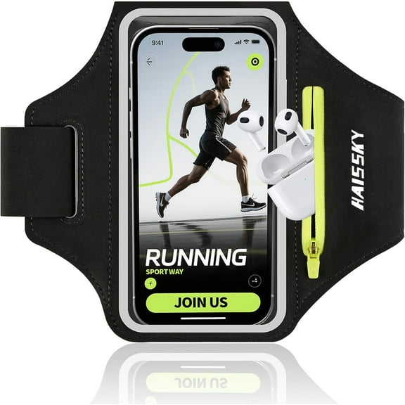 Running Armband with Earphone Bag for iPhone 16/15/14 Max/Pro/Plus & Galaxy S20/S10, Touchscreen Compatible, Phone Holder Card Slot Key Pockets, Fit Up to 6.9