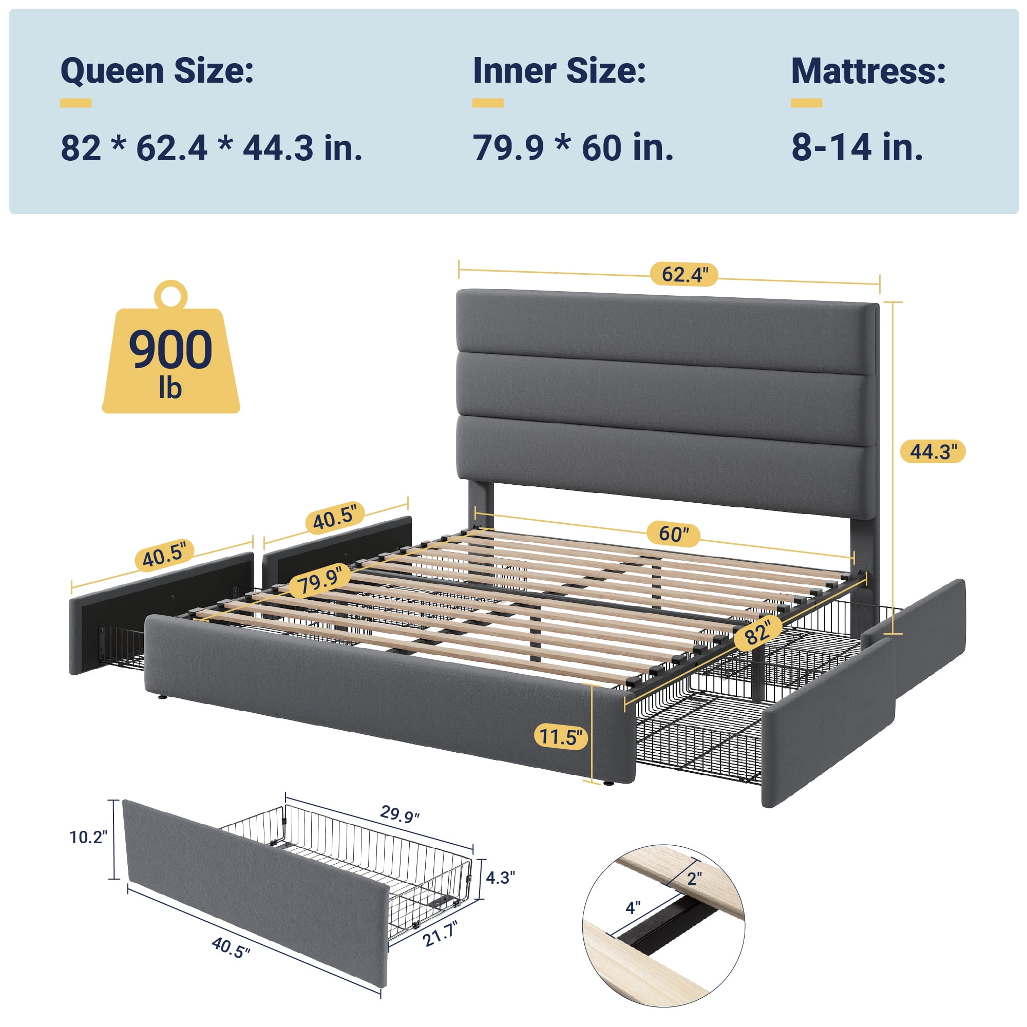 Allewie Modern Queen Size Platform Bed Frame with 4 Storage Drawers and Velvet Upholstered Headboard, Wooden Slats Support, Grey