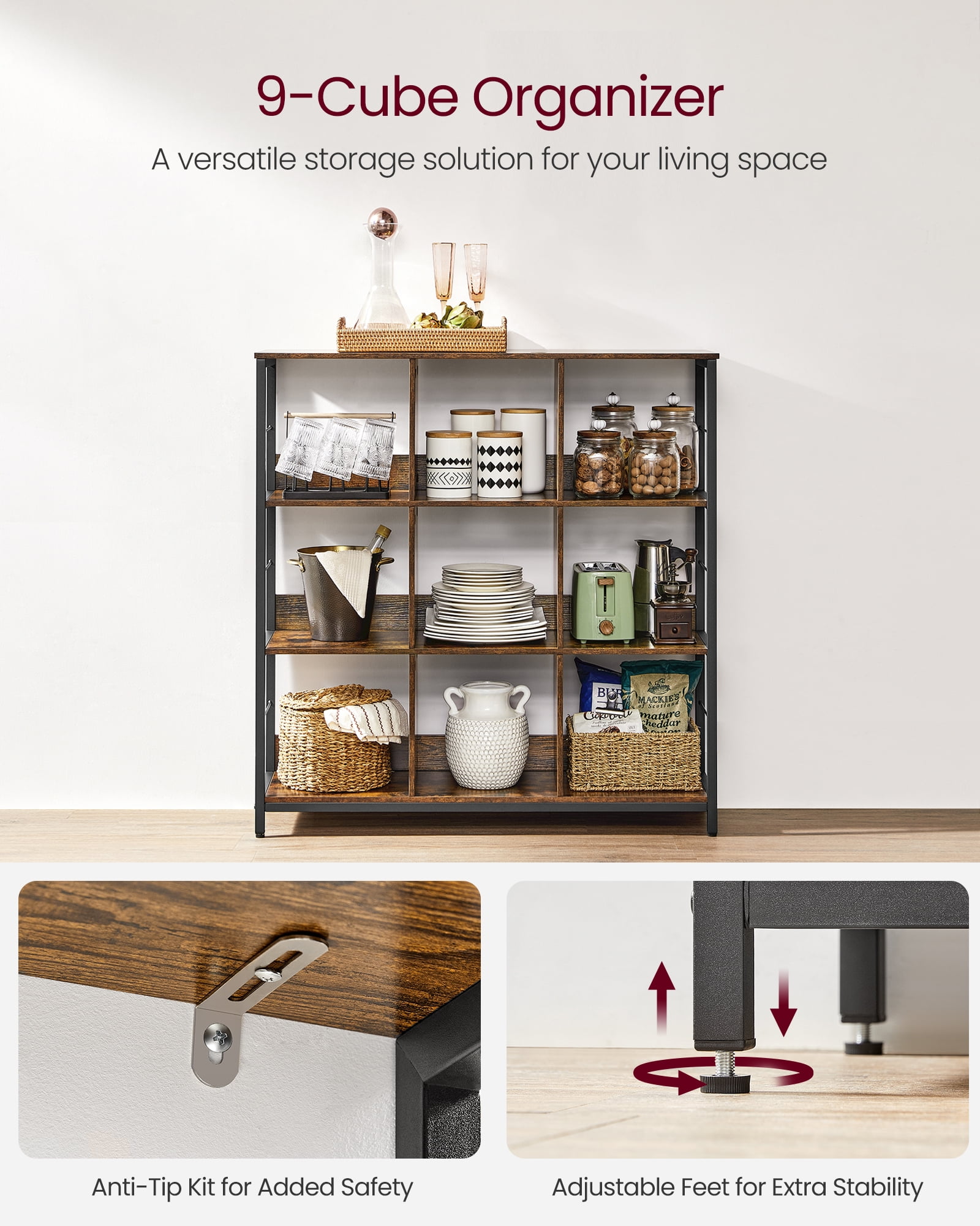Bookshelf, Bookcase, 9 Cubes Storage Organizer, Industrial Open Display Shelf, for Bedroom, Office