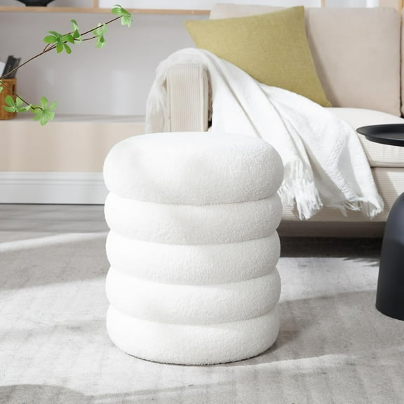 PINDEE Storage Ottoman Modern Round Upholstered Faux Fur Pouf Ottoman Multifunctional Footstool for Living Room Bedroom as Coffee Table.
