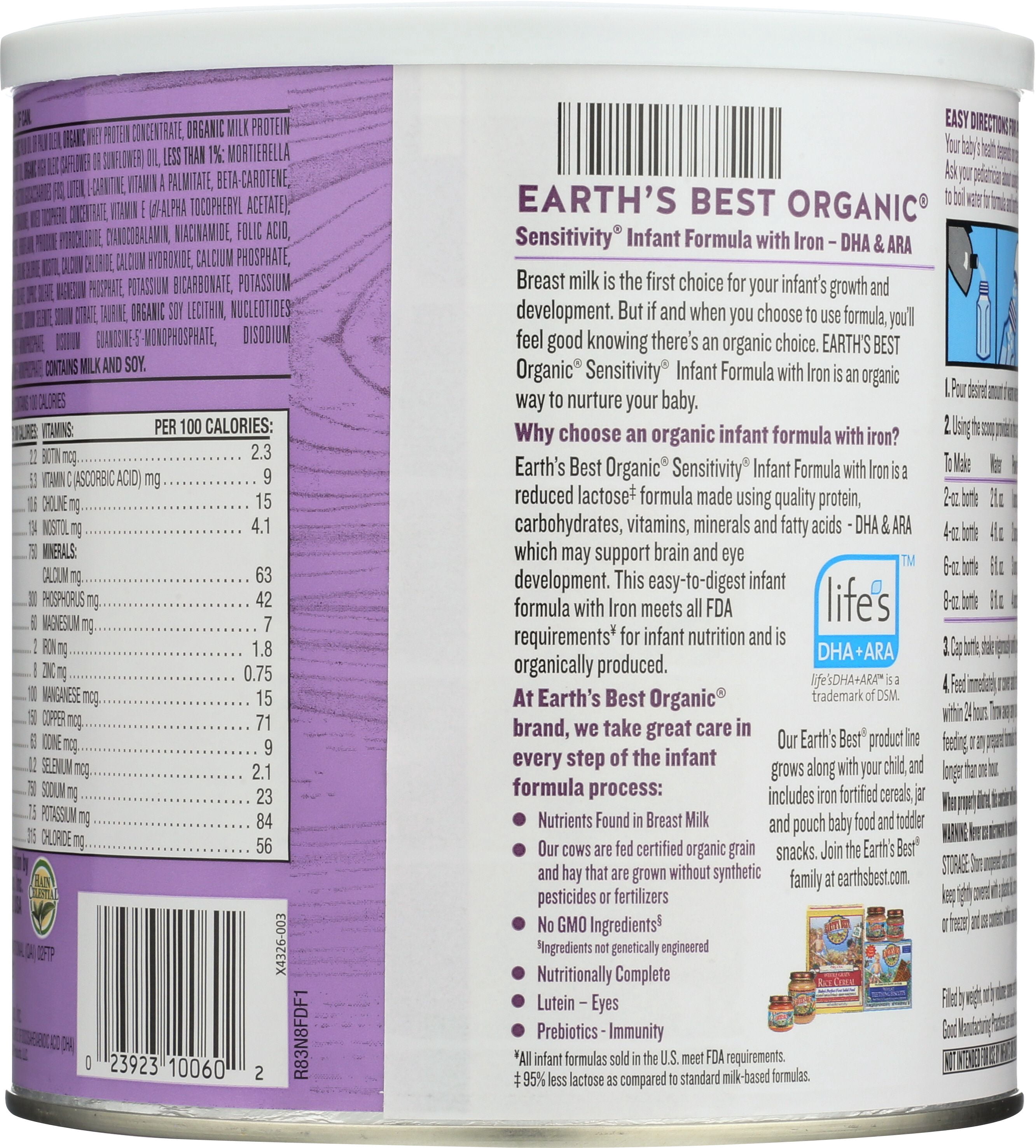 (4 pack) Earth's Best Organic Sensitivity Powder Baby Formula with Iron DHA & ARA, 32 oz Canister