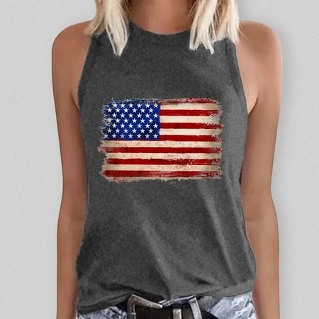 DondPO Going Out Tops for Women Corset Tops Women America Flag Print Top Shirt Tee Sleeveless Round Neck Loose T Shirt Vest Tee Blouse Casual Tank Tops Tank Top for Women Camisole Tops Grey S