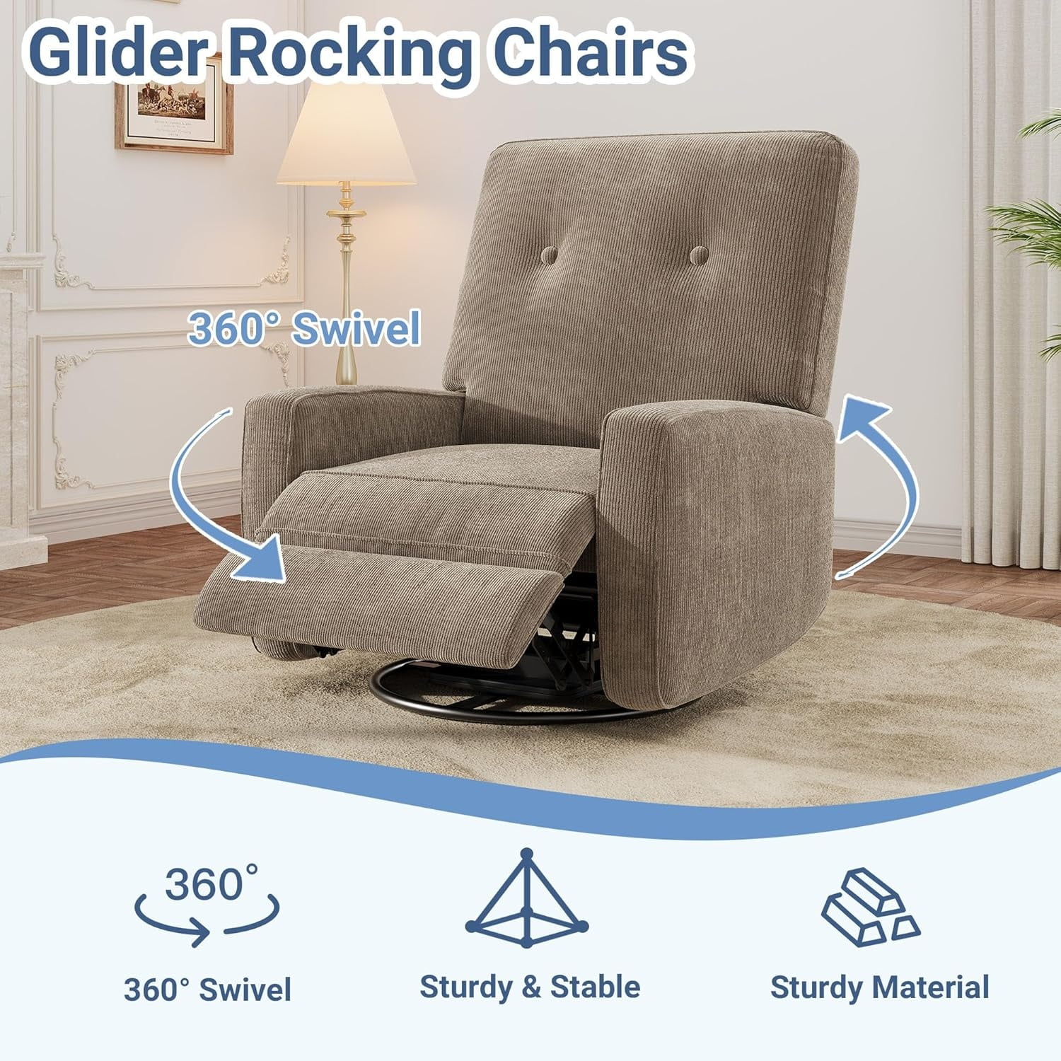 Modern Swivel Glider Recliner for Nursery & Small Spaces 360° Rocking Chair with Adjustable Lumbar Support & Footrest | Corduroy Upholstery for Apartment Living Room & Bedroom