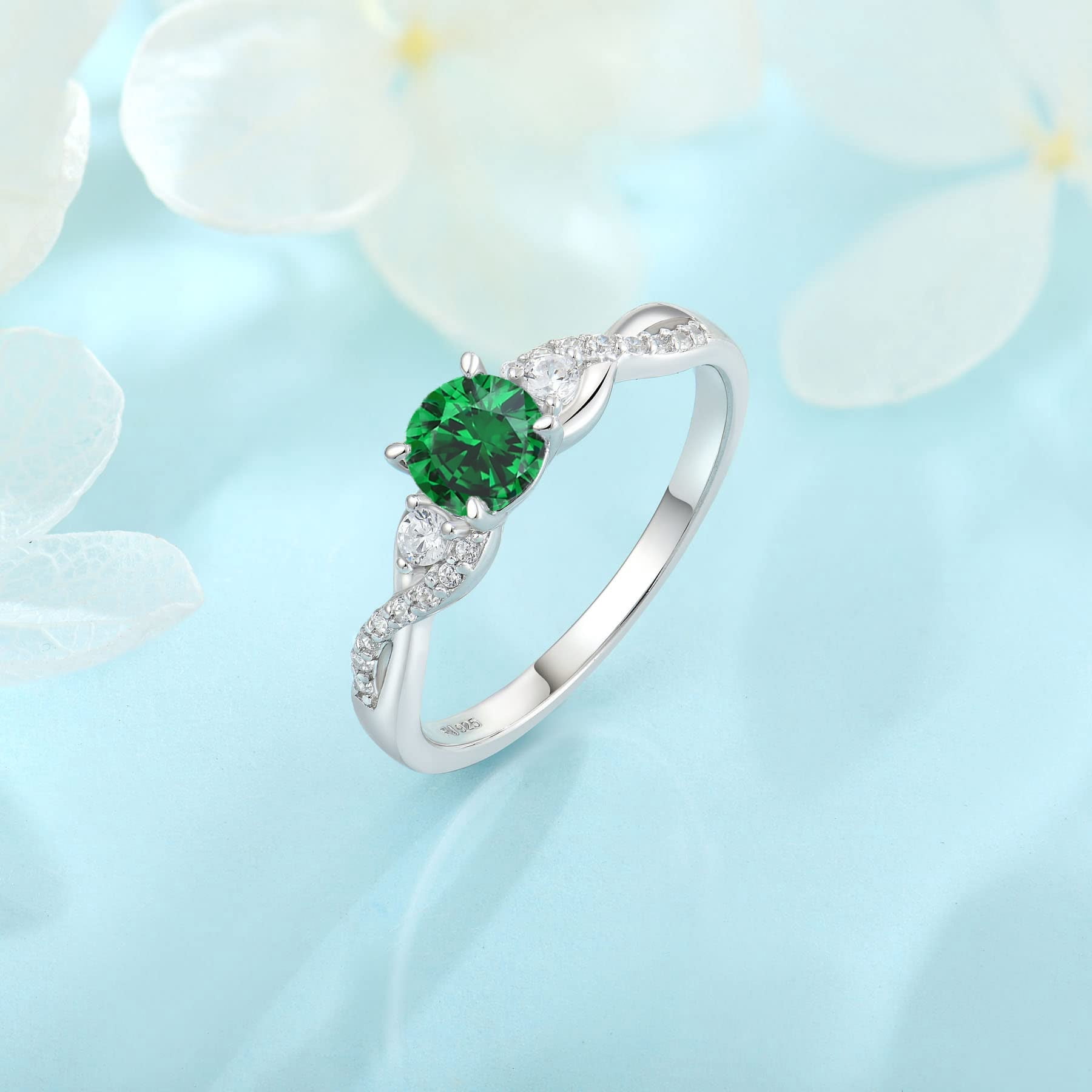 FJ Promise Rings for Her 925 Sterling Silver Engagement Ring Anniversary Wedding Eternity Ring Emerald May Birthstone Jewelry for Women Size 10