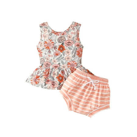 

Sunisery Infant Baby Girls 2Pcs Shorts Set Sleeveless Crew Neck Flower Print Tank Top + Elastic Waist Stripes Shorts Orange 6-12 Months