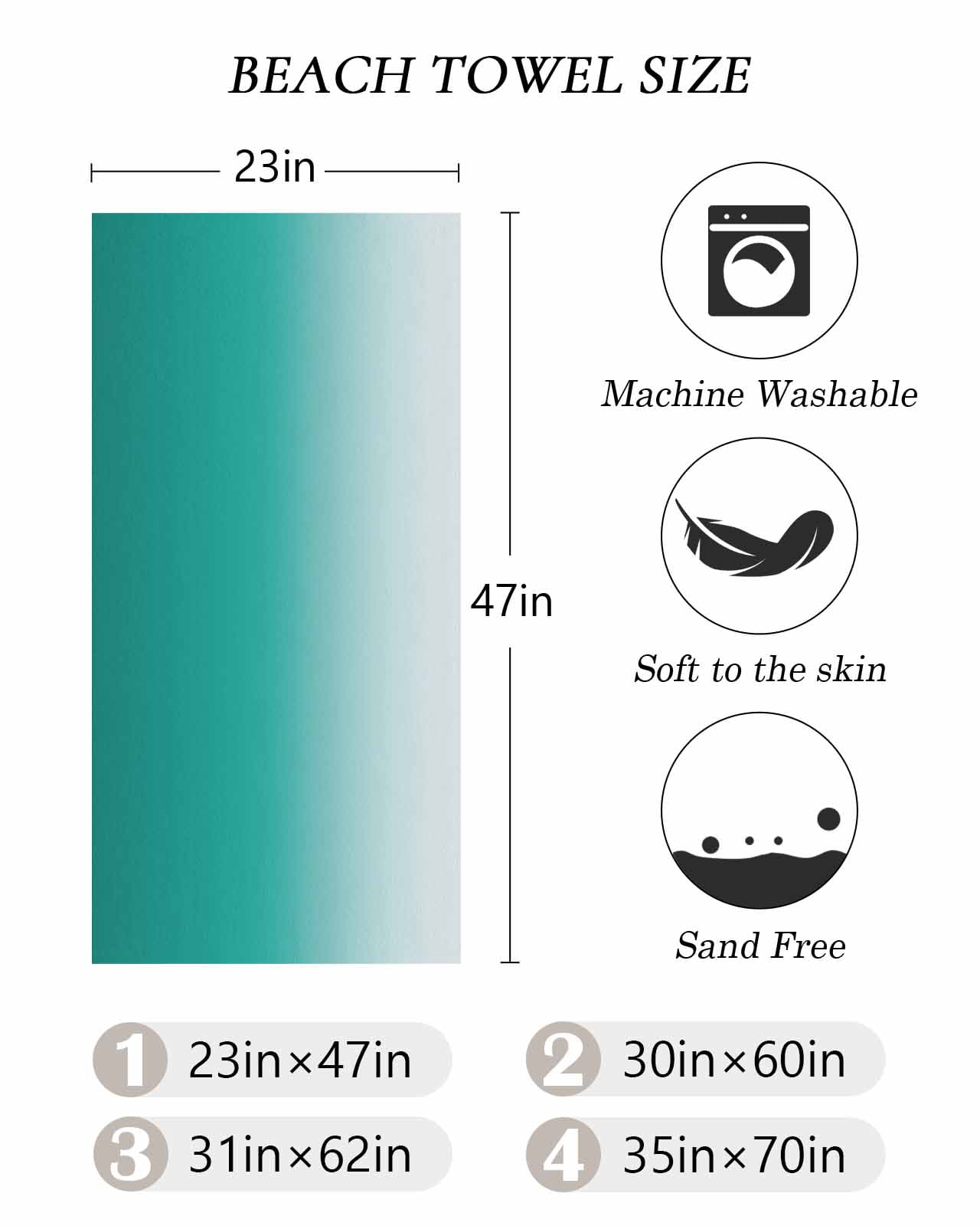 Teal Ombre Beach Towels Oversized Super Absorbent, Turquoise White Gradient Modern Abstract Art Lightweight Bath Towel Quick Dry Sets For Bathroom/Pool/Rv Camping/Beach Play/Gym Room/Picnic 23"x47"