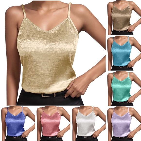 Women's Solid Color V Neck Sleeveless Camisole Tank Top Blouse, Lightweight Breathable Loose Fit Casual Summer Beachwear | CSEONE,Sky Blue L