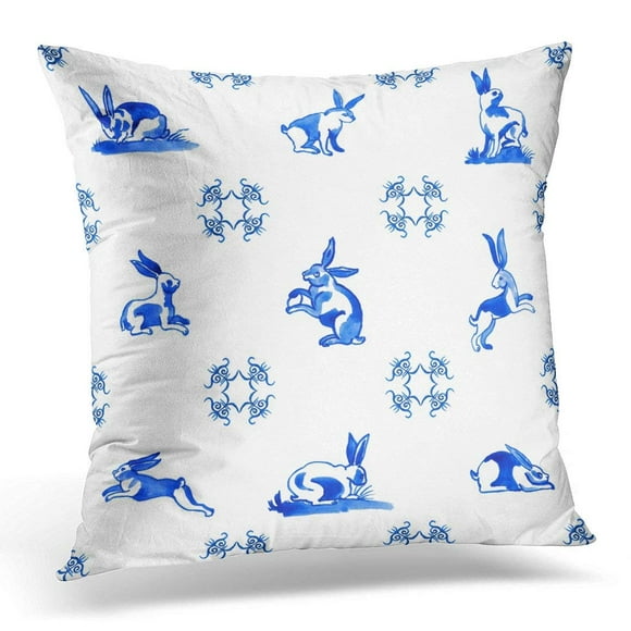 EREHome Delft Blue Watercolour Traditional Dutch Tiles with Images of Bunnies Hares Rabbits Cobalt on White Pillow Case Pillow Cover 18x18 inch
