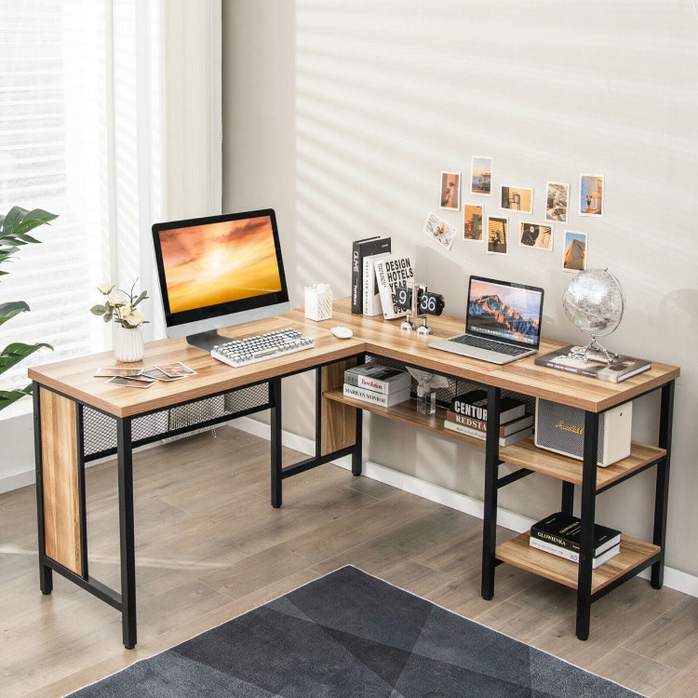 Demi Bonn Industrial L-Shaped Corner Computer Desk Office Workstation with Storage Shelves, Small Home Office Desk Study Writing Table, Beige