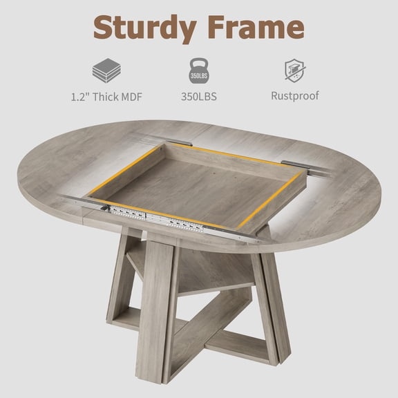 Extendable Dining Table for 4–8 – Space-Saving Oval/Round Table with Wooden Pedestal Base & Storage Shelf – Ideal for Apartment or Dining Room – Light Ivory Gray