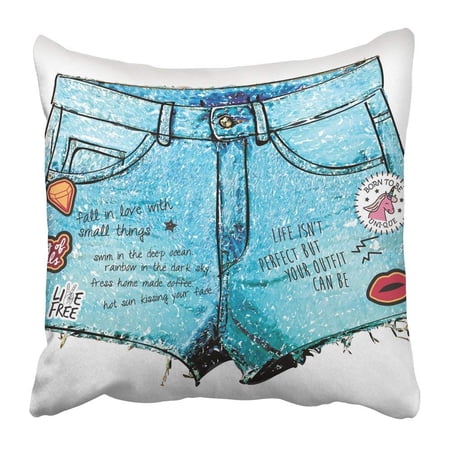 Bpbop Sketch Girl Denim Short Watercolor With Slogan Patch And Prints Jeans Gang Modern Unicorn Pocket Pillowcase 16x16 Inch