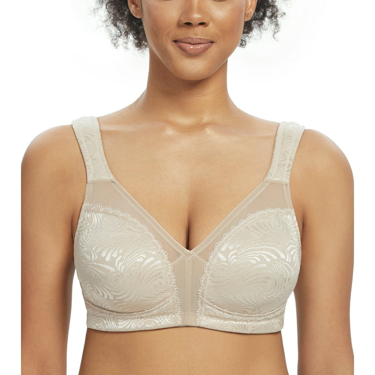 Womens Full Coverage Floral Lace Underwired Bra Plus Size Non Padded  Comfort Bra 48C Beige