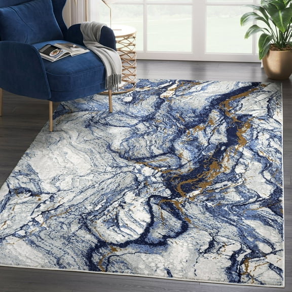 Abani Regal Collection Elegant Modern 4' x 6' Grey Blue Marble Area Rug